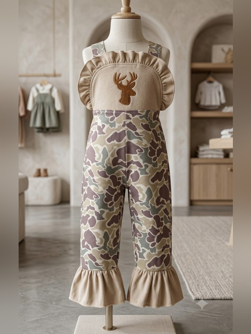 Sassy Kids Camo Deer Applique Ruffle Jumpsuit Sz 2T